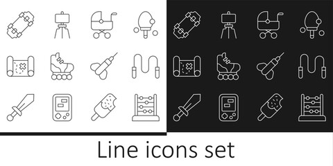 Poster - Set line Abacus, Jump rope, Baby stroller, Roller skate, Pirate treasure map, Skateboard, Dart arrow and Wood easel icon. Vector