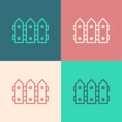 Sticker - Pop art line Garden fence wooden icon isolated on color background. Vector