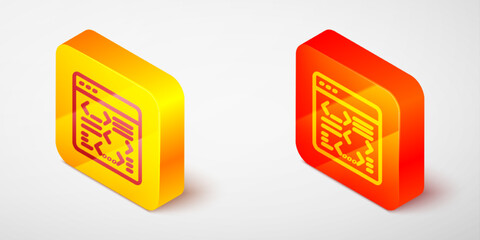 Isometric line Software, web developer programming code icon isolated on grey background. Javascript computer script random parts of program code. Yellow and orange square button. Vector