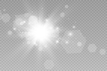 Special lens flash, light effect. The flash flashes rays and searchlight. illust.White glowing light. Beautiful star Light from the rays. The sun is backlit. Bright beautiful star. Sunlight. Glare.	