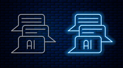 Sticker - Glowing neon line Chat bot icon isolated on brick wall background. Chatbot icon. Vector