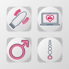 Sticker - Set line Anal beads, Male gender symbol, Laptop with 18 plus content and Dildo vibrator for sex games icon. Vector