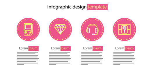 Poster - Set line Headphones, Mystery or random box, Diamond and Portable video game console icon. Vector