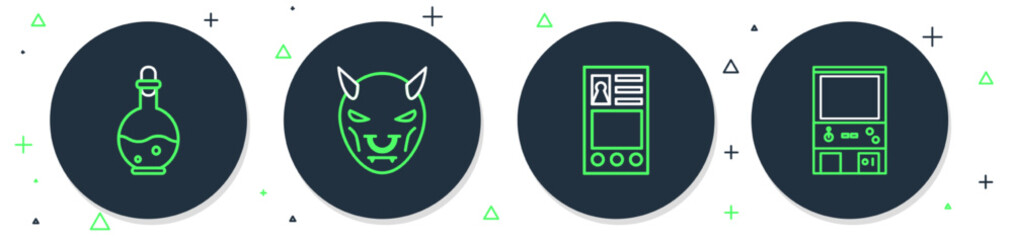 Poster - Set line Mask of the devil with horns, Create account screen, Bottle magic elixir and Retro arcade game machine icon. Vector