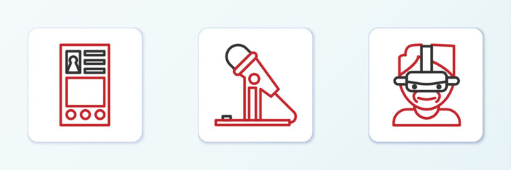 Poster - Set line Virtual reality glasses, Create account screen and Microphone icon. Vector