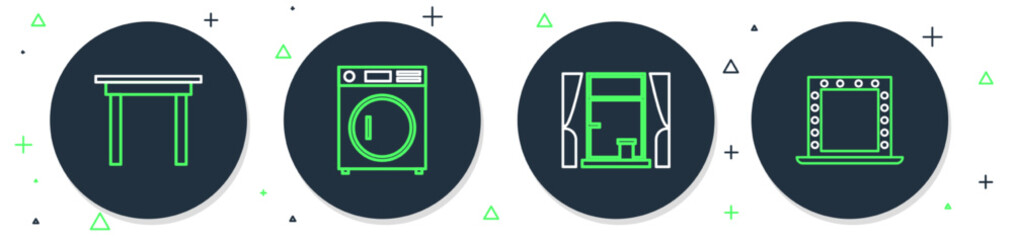 Sticker - Set line Washer, Window with curtains, Wooden table and Makeup mirror lights icon. Vector