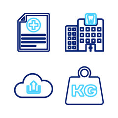 Sticker - Set line Weight, Cloud upload, Dental clinic and Clinical record icon. Vector