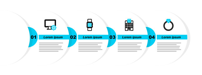 Poster - Set line Diamond engagement ring, Medical hospital building, Smartwatch setting and Computer monitor and gear icon. Vector