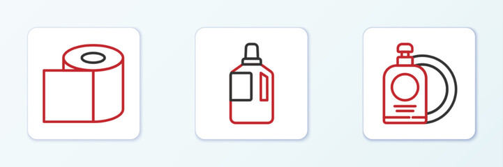 Poster - Set line Dishwashing liquid bottle and plate, Toilet paper roll and Fabric softener icon. Vector