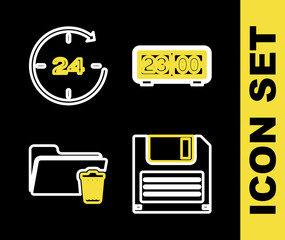 Poster - set line retro flip clock, floppy disk, delete folder and clock 24 hours icon. vector