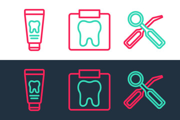 Poster - Set line Dental inspection mirror, Tube of toothpaste and X-ray icon. Vector