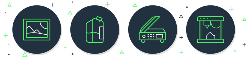 Poster - Set line Printer ink bottle, Scanner, Picture landscape and 3D printer icon. Vector