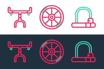 Poster - Set line Bicycle lock, handlebar and wheel icon. Vector