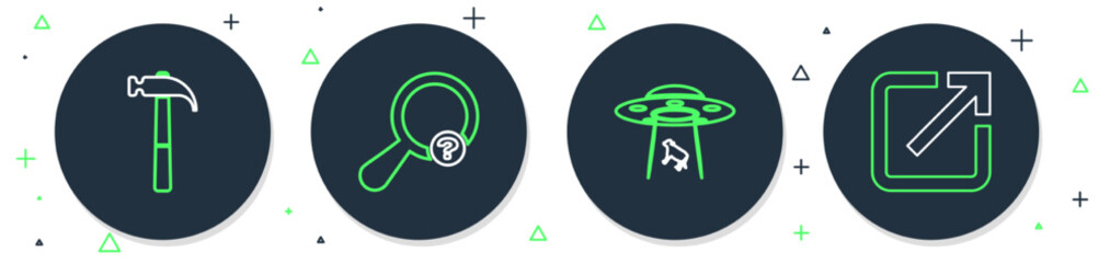 Sticker - Set line Unknown search, UFO abducts cow, Hammer and Open in new window icon. Vector