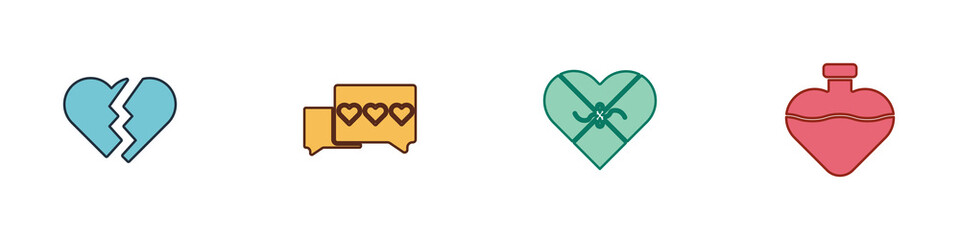 Poster - Set Broken heart, Like and, Candy in shaped box and Bottle with love potion icon. Vector