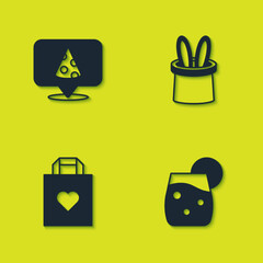 Sticker - Set Slice of pizza, Cocktail, Shopping bag with heart and Magician hat and rabbit ears icon. Vector