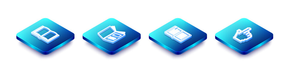 Poster - Set Isometric line Open book, , and Pixel hand cursor icon. Vector