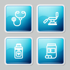 Sticker - Set line Stethoscope, Medical dental chair, Organ container and Medicine bottle and pills icon. Vector