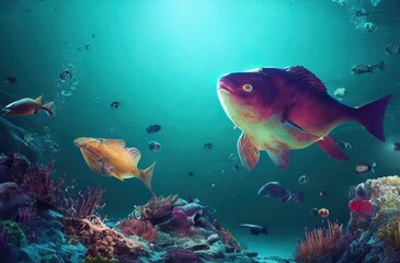 Wall Mural - Wonderful and beautiful underwater world with corals and tropical fish. 3d render, Raster illustration.