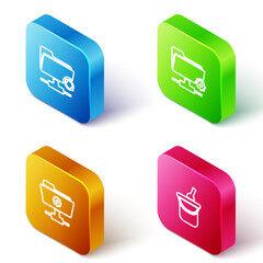 Poster - set isometric line ftp sync refresh, settings folder, and bottle of wine bucket icon. vector