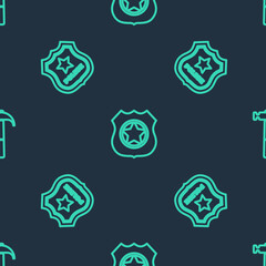 Poster - Set line Police badge, and Hammer on seamless pattern. Vector