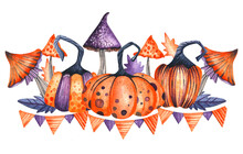 Watercolor Illustration For Halloween. Stylized Bright Orange Pumpkins With Dots And Stripes, Purple And Orange Mushrooms, Autumn Leaves And Garlands Of Flags Collected In The Composition.