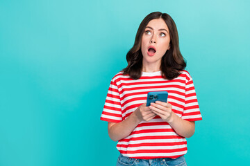 Sticker - Photo of sweet excited girl dressed red t-shirt communicating modern gadget empty space isolated teal color background