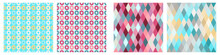 Seamless Lozenge Patterns Set Of Red, Pink, Blue Colors. Rhombus Repeating Background For Wrapping Paper, Surface Design And Other Design Projects