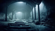 Historic Bunker Tunnel From World War 2 Built With Reinforced Concrete Now Is A Scary Lost Place In The Dark.3d Render.