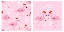 Christmas Seamless Pattern With Flamingo Birds, Pink, Animal, Santa Hats, Christmas Tree, Stars And Snowflakes On Pink Background Vector Illustration.