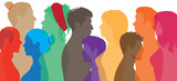 Fototapeta Młodzieżowe - Illustration of a flat cartoon vector of a female social network. A communication network with a multicultural diversity of women and girls. Racial equality. Friendship and colleagues.