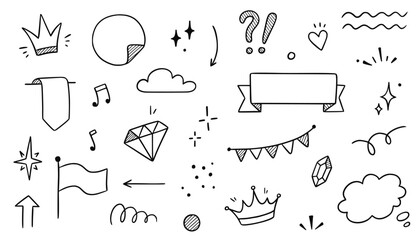 Line frame, sparkle, ribbon hand drawn doodle element set. Party, decoration star, heart element doodle sketch collection. Isolated vector illustration.