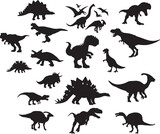 Fototapeta Dinusie - Black dinosaur silhouettes set for kids
