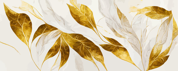 Wall Mural - abstract white art background with golden leaves