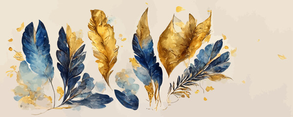 Wall Mural - art background with golden and blue leaves or feathers