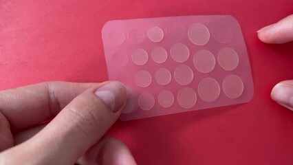 Treatment of acne anti-pickel patch for acne. A girl tears off one round patch.