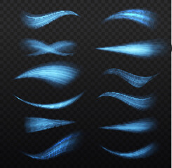 Wall Mural - Glowing motion line. Dynamic blue waves. Luminous lines of speed. Light sparkling effect. Magic speed flying trails of shine, bright shimmer particles fly. Vector illustration.