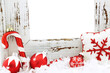 © cobaltstock - Wood frame background with christmas decor and snow with copy space in the center  isolated on transparency photo png file