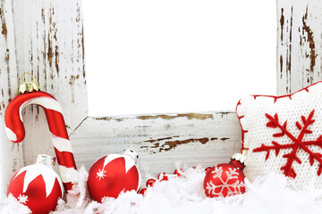 wood frame background with christmas decor and snow with copy space in the center isolated on transp