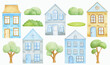 Watercolor houses, trees, hand-drawn set, isolated on white background