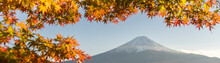 Mount Fuji And Lake Kawaguchiko In Autumn. It Is A Popular Tourist Destination.