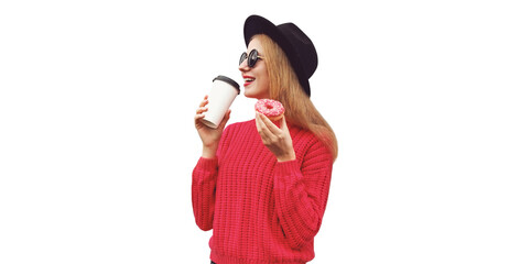 Wall Mural - Portrait of cheerful young woman with donut and cup of coffee isolated on white background