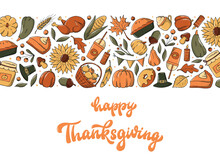 Thanksgiving Horizontal Banner With Lettering Quote And Border Of Doodles. Good For Cards, Posters, Templates, Invitations, Etc. EPS 10