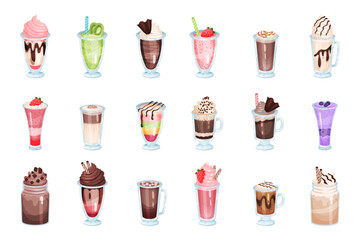 Poster - Coffee and Smoothie as Cool Dessert Drink with Whipped Cream and Sprinkles in Glass Vector Set