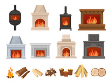Home Fireplaces With Cozy Burning Fire Flames And Firewood Big Vector Set