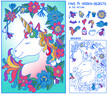 Unicorn with flowers and leaf. Find hidden objects. Puzzle game for kids. Hand drawn vector illustration
