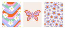 Set Of Colorful Groovy Posters In 70s And 60s Hippy Art Style. Retro Floral Background, Abstract Waves And Butterfly For Prints And Cards. Vintage Nostalgia Vector Elements