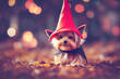 Yorkshire terrier dog dressed as a witch for Halloween in autumn background, Happy Halloween Day, 3d illustration.