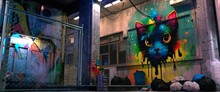 Bright Neon Night In A Cyberpunk City Of A Future. Photorealistic 3d Illustration Of The Futuristic City. Graffiti Of A Cat On Wall. Empty Street With Neon Lights. 3D Render.