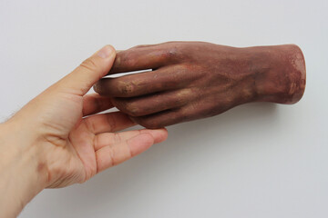 Wall Mural - A man's hand touches an artificial hand from a mannequin.